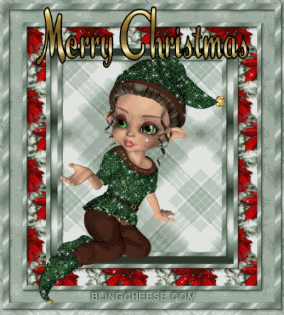 Новогодние открытки. Сказочная анимированная рождественская открытка. Сказочные персонажи всегда украшают рождественские открытки, и здесь мы видим зеленоглазую девочку-эльфа в переливающемся костюмчике под цвет глаз и благородную надпись Merry Christmas.