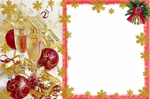 Новогодние рамки. Небольшая новогодняя рамка для фото – отличный подарок на Новый год, который Вы можете сделать и коллегам, и друзьям. Новогодняя рамка содержит в себе новогодние элементы – еловые ветки с золотыми колокольчиками, красные шары для ёлки с золотым узором, красиво упакованные новогодние подарки и два бокала с ледяным шампанским на золотом подносе. Это прекрасная новогодняя рамка для взрослых  портретов.