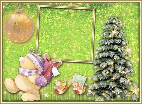 Новогодние рамки. Потрясающе нежная новогодняя рамка для детских фотографий на зеленовато-жёлтом фоне с красивыми блёстками. Детская новогодняя рамка украшена замечательной новогодней ёлочкой, будто покрытой инеем и блёстками, вместо солнца сияет ёлочная игрушка, а милый медвежонок и птички несут Вам поздравления с Новым годом и подарки.