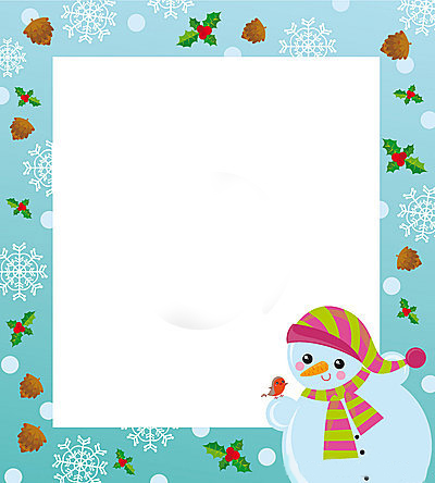 Новогодние рамки. Хорошенькая детская новогодняя рамка для вертикальных фотографий и крупных лицевых портретов ребёнка на нежно-голубом фоне. Детская новогодняя рамка украшена еловыми шишечками, ягодками, бликами и белыми снежинками. Новогодняя рамка для детских фотографий с миленьким снеговиком, который держит в своей снежной лапке маленькую птичку, понравится Вам и замечательно дополнит детский  портрет.