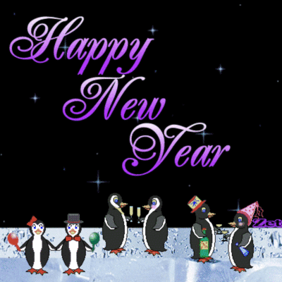 Новогодние рамки. Анимированная новогодняя рамка на чёрном фоне даёт нам возможность заглянуть в новогоднюю Антарктиду, где стильные пингвины устроили новогодний салют и поднимают бокалы в честь наступающего Нового года. Отличная новогодняя рамка, очень яркая и приятная. Дополняет картинку разноцветная надпись Happy New Year! 