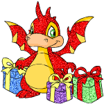 Милая блестящая анимашка. Красно-оранжевый блестящий дракон хочет подарить своим друзьям новогодние подарки в ярких блестящих коробках голубого, зелёного и сиреневого цвета.