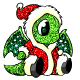 Милый малыш дракончик зелёного цвета. Дракончик блестит и переливается. Одет дракончик в красно-белую новогоднюю шубку и колпак Санта-Клауса
