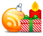 Новогодние RSS - оранжевая  иконка RSS  в виде ёлочного шара рядом с новогодним подарком и свечой