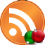 Новогодняя RSS - классическая оранжевая  иконка RSS  круглой  формы, а рядом лежат небольшие зелёный и красный ёлочные шары