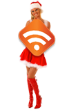Новогодние RSS -   девушка в костюме Санта-Клауса стоит и держит в руках квадратную иконке RSS 