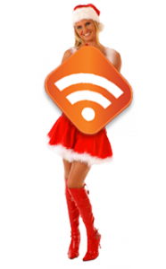 Новогодние RSS -   девушка в костюме Санта-Клауса стоит и держит в руках квадратную иконке RSS 