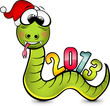 Весёлый зелёный змей в новогоднем колпаке несущий на спине разноцветную надпись 2013.