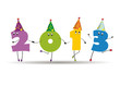 2013 написано по горизонтали разноцветными цифрами в праздничных шапочках.