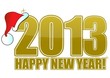 Надпись 2013 happy new year! Цифры и буквы золотые. На цифре 2 новогодний колпак.