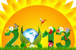 Солнце и трава, а на фоне их зеленая надпись 2013 украшенная цветами и птицами.