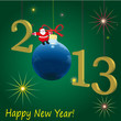 Зелёный фон, на нём вспышки огоньков, в левом нижнем углу надпись happy new year! В середине надпись 2013, вместо 0 синий шарик, а на нём дед мороз.