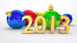 На фоне разноцветных ёлочных шаров золотыми цифрами написано 2013