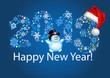 Надпись Happy New Year и снеговик в чёрном цилиндре на синем фоне и на фоне надписи 2013 из снежинок разного цвета, размера и формы. На цифре 3 - шапочка Санты.