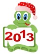 В мыльном пузыре сидит зелёная змейка в праздничной шапочке. Во рту она держит воздушный шарик с синей надписью 2013.