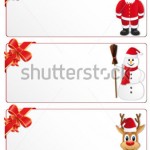 3 горизонтальных новогодних баннера светло-серого цвета. На первом в правом углу костюм Санты, на двух других слева красный бант, справа - Снеговик и Олень в новогодней шапочке