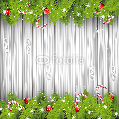 Баннер в стиле кантри. Гирлянды их хвои и ёлочных шаров, новогодняя символика на фоне серых и коричневых струганых досок (6)